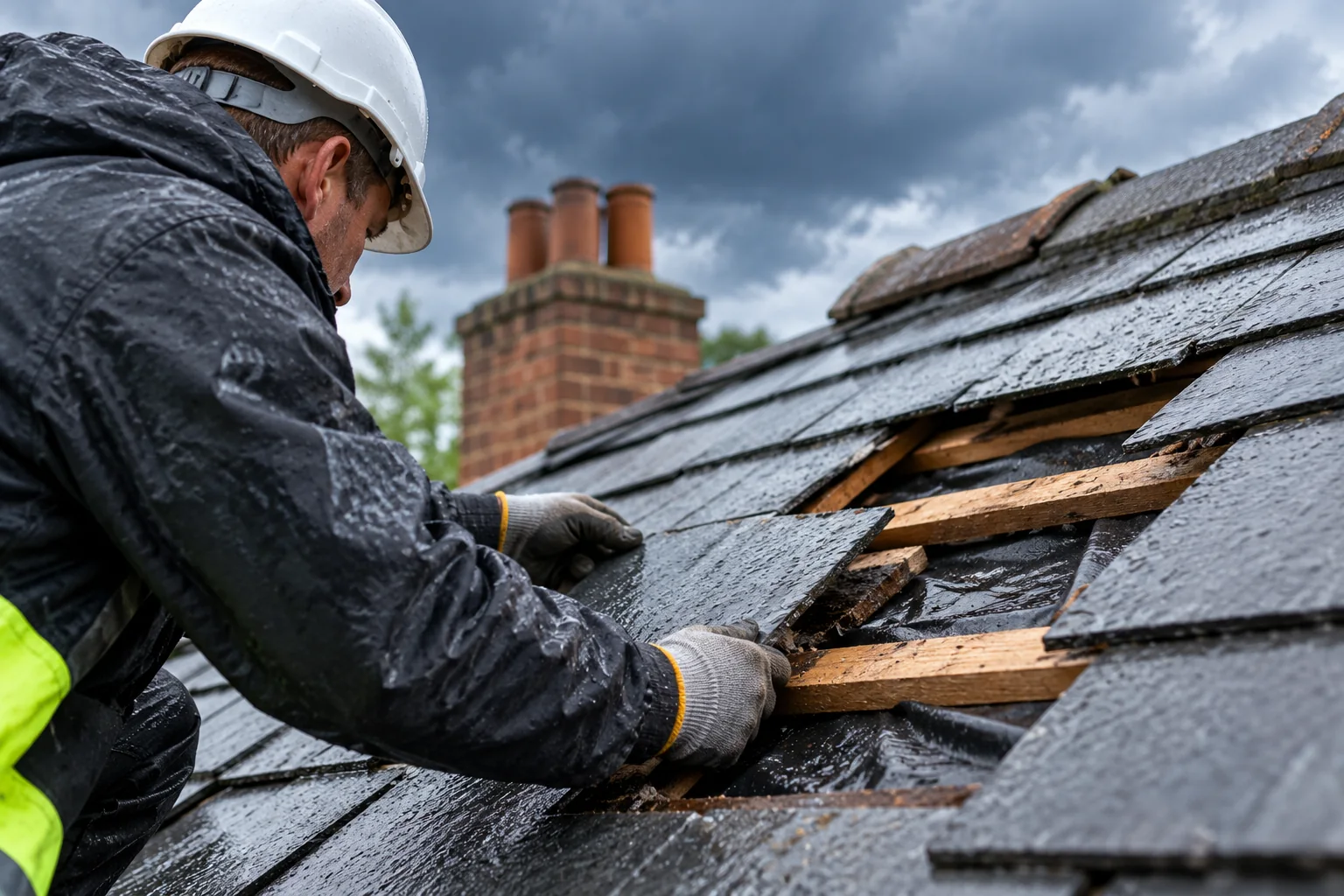 Illustration of a roofer repairing storm-damaged roof tiles